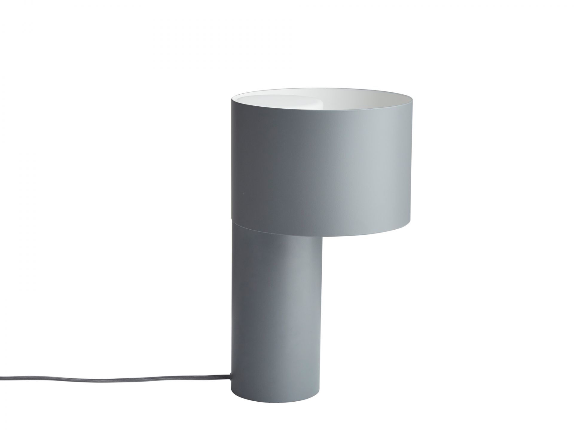 Graue Tangent Tischleuchte von Woud, moderne Nachttischlampe mit zylindrischem Lampenschirm und Fuß.